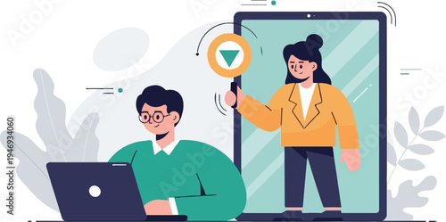 A man works on a laptop while a woman on a tablet holds a sign