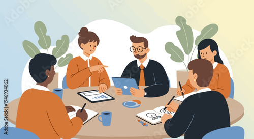 Diverse colleagues collaborate in a bright office space, sharing ideas at a round table
