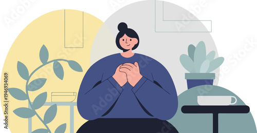 Peaceful woman with hands on chest, beside plants and a coffee cup