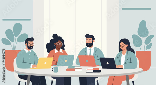 Diverse team collaborating around a table with laptops and plants (2)