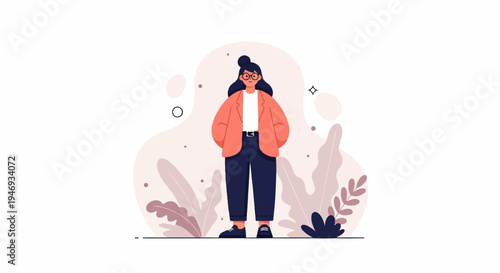 A woman in glasses and an orange jacket stands confidently amidst abstract shapes and plants