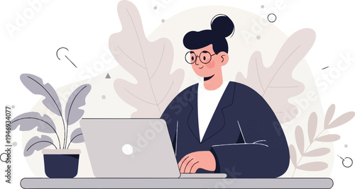 A person with glasses works on a laptop next to a potted plant