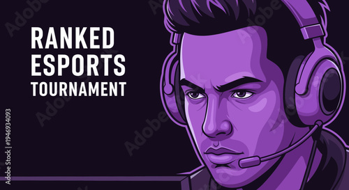 Esports Tournament Graphic Featuring Gamer With Headset, Purple Tones, and Ranked Concept