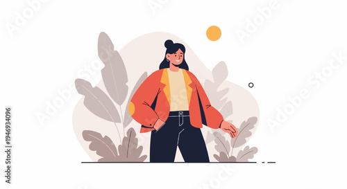 Smiling woman in a bright jacket and dark pants stands outdoors with plants and sun