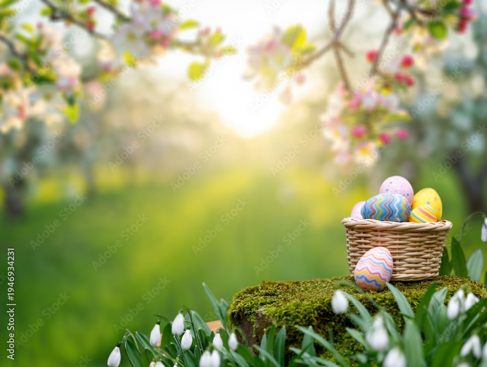 Fototapeta premium Painted easter eggs on spring day with green background