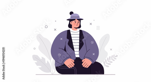 Person in hat and jacket sits with plants and shapes on white background