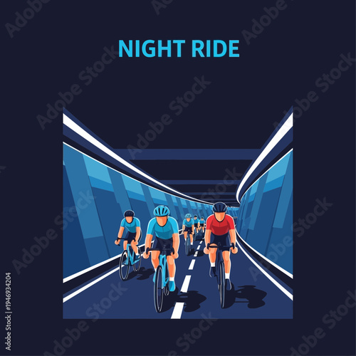 Evening Cycling Brigade: Lit Tunnel Passage with Dynamic Group of Cyclists Underway