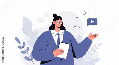 Woman in blue suit and glasses holding tablet with plants and play icon