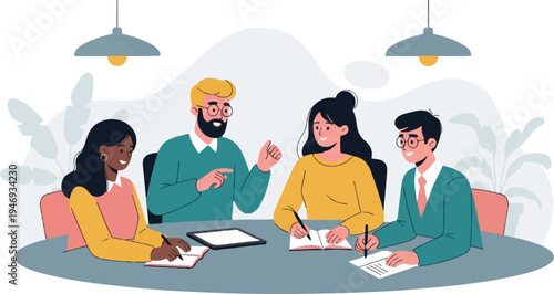 Diverse professionals collaborate around a table, discussing ideas, and taking notes