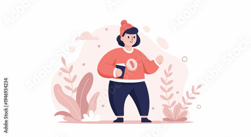 Person in cozy sweater and hat holding a cup, surrounded by plants