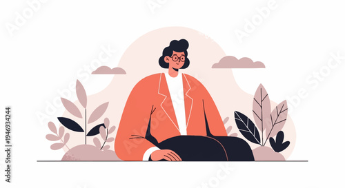A person in a coral jacket with dark hair, glasses, and plants around