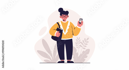 Young person in yellow sweater, dark pants, holding phone and bag, with abstract shapes and foliage