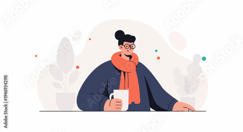 A person in a large scarf holding a mug, surrounded by plants and abstract shapes