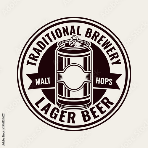 Retro brewery badge with beer can vector illustration. Vintage engraved style emblem ideal for craft beer labels, bar branding and beverage packaging