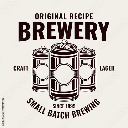 Vintage style brewery label with beer can vector illustration. Retro badge design suitable for craft beer packaging, pub logos and brewery branding