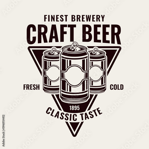 Classic brewery emblem featuring beer can in vintage engraved style. Perfect for craft beer labels, pub branding, bar menus and retro beverage designs
