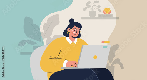 Stylized woman with glasses working on a laptop at home with plants