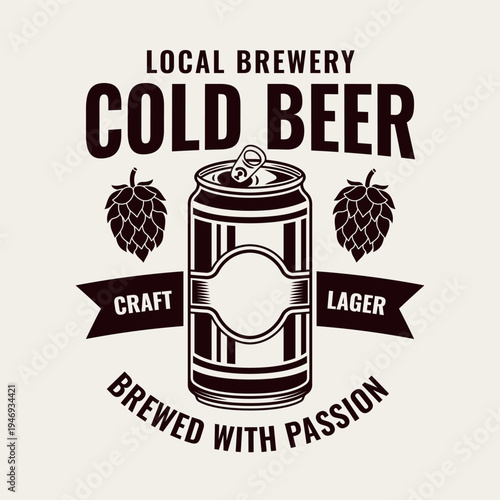 Vintage brewery emblem with beer can vector illustration in engraved style. Retro badge design perfect for craft beer branding, pub labels and brewery packaging