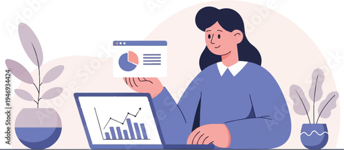 A person works on a laptop displaying charts and graphs, holding a data report