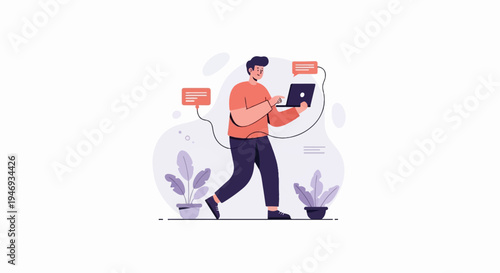 Person walking with a laptop and chat bubbles, surrounded by plants