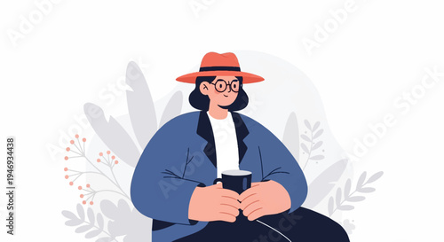 A person wearing a hat and glasses holds a mug, seated amidst abstract plant-like shapes