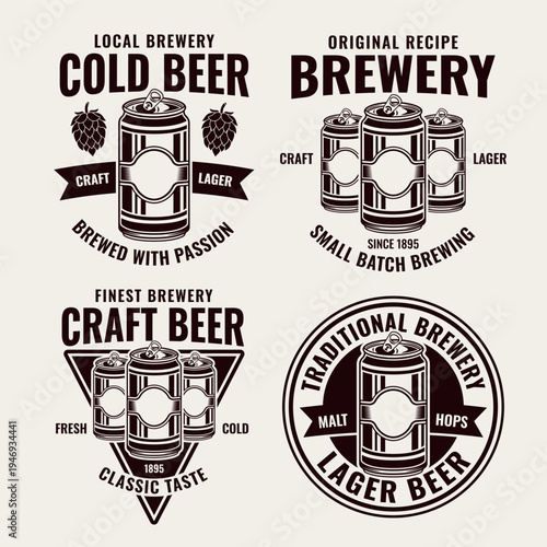 Brewery set of four vintage emblems with beer can vector illustration in engraved black and white style. Retro badges design perfect for craft beer branding, pub labels and brewery packaging