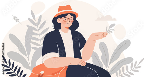 A person in a hat and glasses with plants and a bag