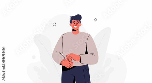 Flat illustration of a man with dark hair smiling, wearing a grey sweater and blue pants, with abstract plant shapes