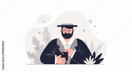 A man in a hat and glasses holds a phone amidst abstract shapes and leaves