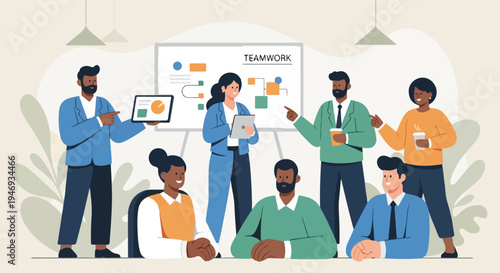 Diverse team collaborates, presenting data on a whiteboard and tablet, indoors