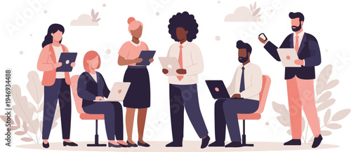 Diverse professionals collaborating, using laptops and tablets in a modern office setting