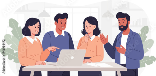 A diverse group of four colleagues collaborate around a laptop in a modern office setting, surrounded by indoor plants and subtle decor elements