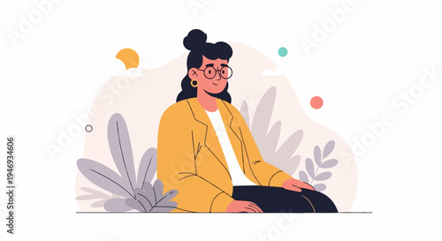 Cartoon woman with dark hair, glasses, and yellow jacket sits amidst plants