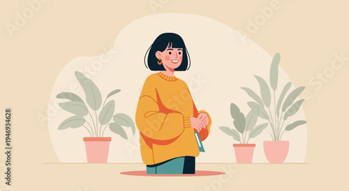 Cheerful young person with dark bob haircut in an oversized yellow sweater, holding a card near potted plants