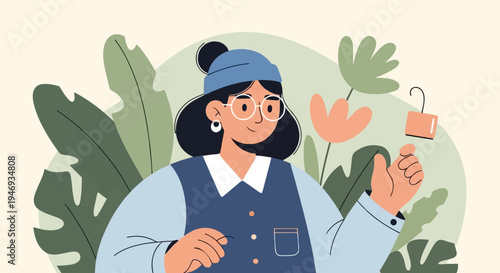 A stylized person with glasses and a beanie, holding an open padlock, amidst foliage