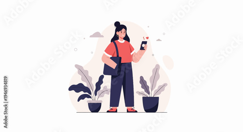 A stylized person holds a phone near potted plants, conveying modern life