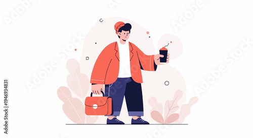 Casual person with briefcase and drink