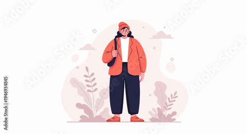 A stylized illustration of a person in a red jacket and blue pants stands amidst abstract flora and clouds