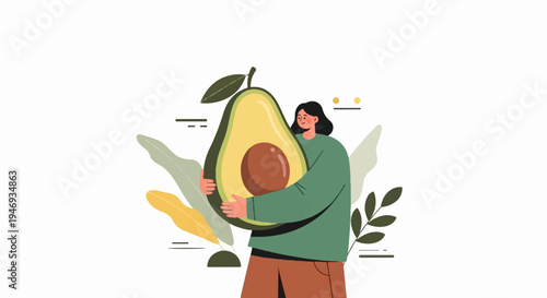 Person embracing a large halved avocado with stylized leaves and abstract shapes