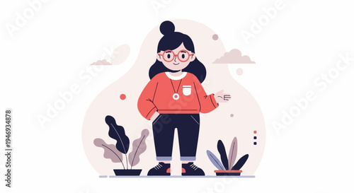 A cartoon of a person with glasses, a red sweater, and dark pants, standing by plants