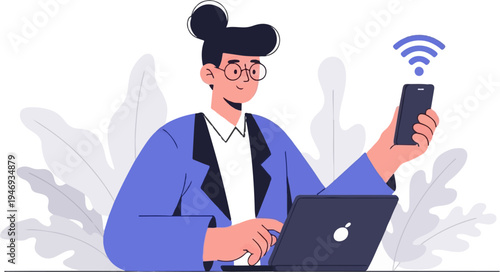 Person in blue jacket using laptop and phone with wifi signal, amidst stylized plants