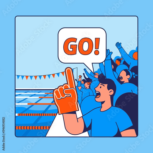 Excited Spectators Cheering Swimmers With Foam Finger Signifying Go Ahead in The Race
