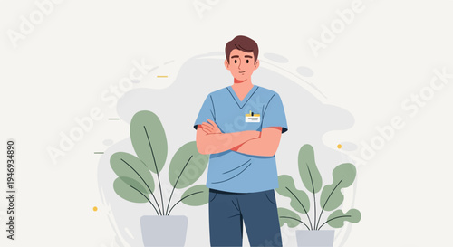 A smiling male healthcare professional in blue scrubs with arms crossed, beside potted plants