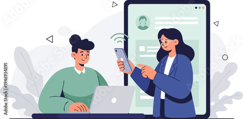 Two individuals interacting digitally, one with a laptop, the other with a phone and tablet