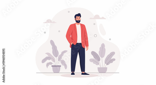 Stylish man in red jacket and dark pants stands outdoors with potted plants