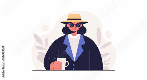 Stylish figure in a hat and sunglasses holds a mug, with abstract shapes and leaves in background