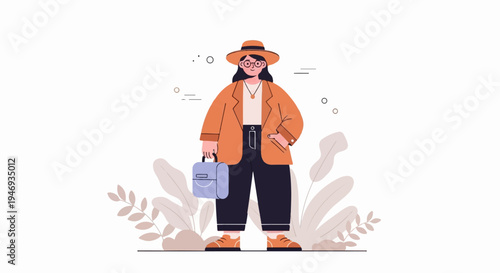 Person in hat and blazer carrying a briefcase, with plants