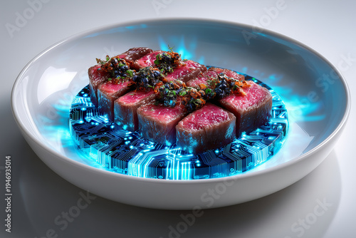 Filet de viande cultivée à texture cellulaire sur une assiette intelligente. Circuits imprimés bleus lumineux intégrés. Concept haut de gamme en biotechnologie alimentaire