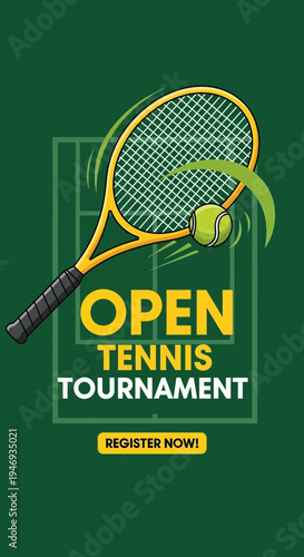 Exciting Open Tennis Tournament Invitation With Racket and Ball on Green Court Design