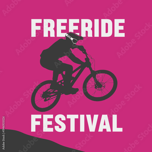 Exciting Freeride Festival Emblem: Silhouette of a Biker on a Mountain Bike Against a Pink Backdrop
